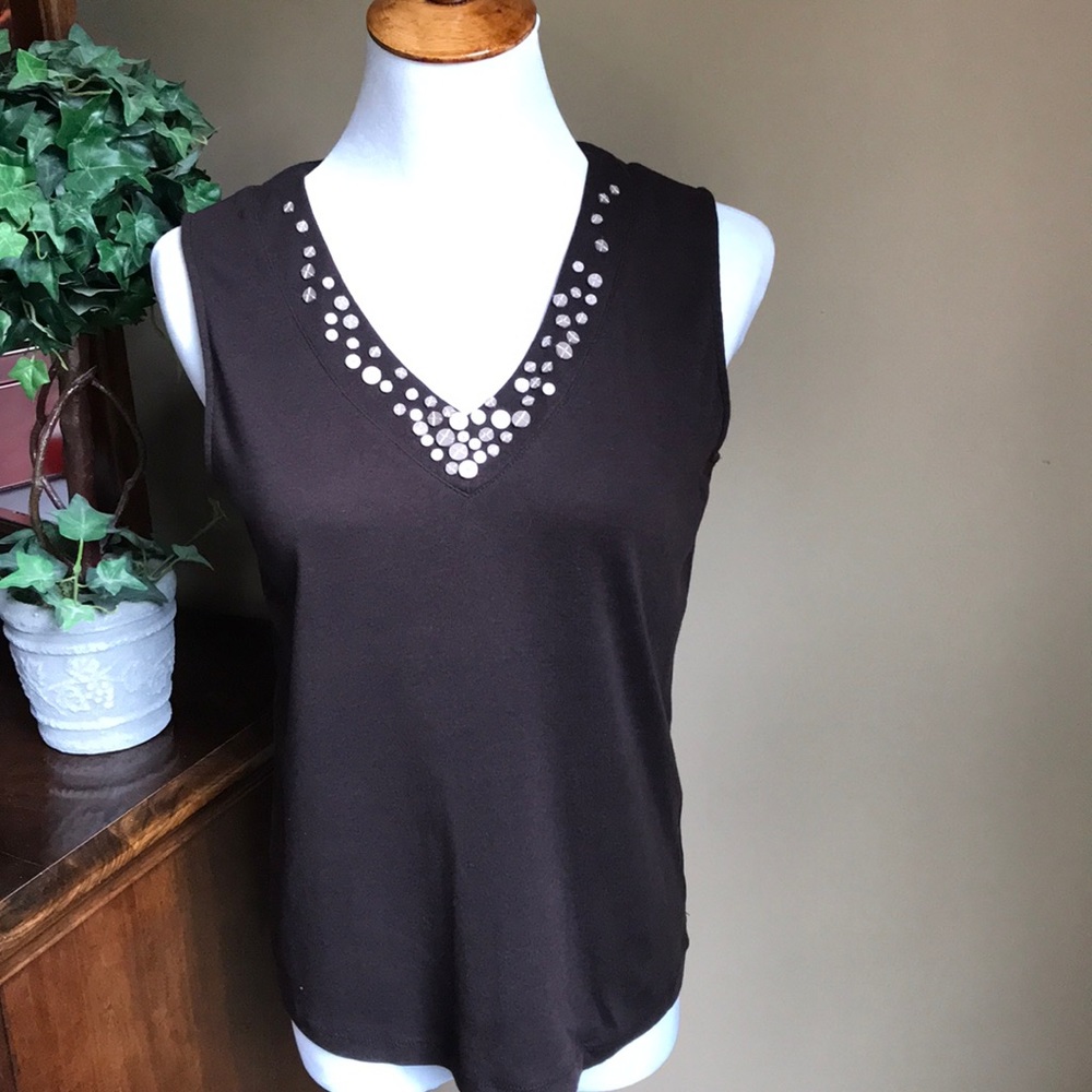 Talbots Petites brown cotton v-neck top w/ sequins
